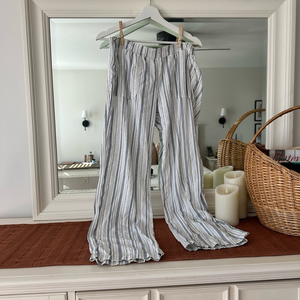 SO Women's Wide Leg Pants - White with Blue and Gray Stripes